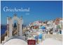 "Griechenland 2027" und "CASARES EDITION". Weiß-blaue Häuser auf einem Hügel, Meer im Hintergrund, Glockenturm.