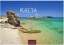 Text: "KRETA 2027". Eine felsige Küstenlandschaft mit klarem, türkisfarbenem Wasser und blauem Himmel.
