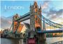 Text: "LONDON", "2027", "CASARES EDITION". Zeigt die Tower Bridge bei Sonnenuntergang mit geöffneten Zugbrücken.