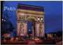 Text: Paris, 2024, Casares Edition. Der Arc de Triomphe bei Abendlicht, umgeben von Autos und beleuchteten Straßenlaternen.