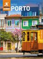 "ROUGH GUIDES MINI PORTO" und "Free eBook" sind die Texte. Alte Straßenbahn vor bunten Häusern, Baum mit rosa Blüten.