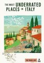 Text: "THE MOST UNDERRATED PLACES IN ITALY", "THE TRAVEL EDIT". Illustration eines italienischen Dorfes mit Zypressen, Hügeln.