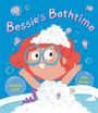 "Bessie's Bathtime" in bunten Buchstaben, fröhliches Kind im Schaumbad mit Brille und roten Haaren, umgeben von lächelnden Seifenblasen.