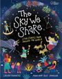 Titel: "The Sky We Share – Star Stories from Around the World". Illustration mit Menschen, Tieren und Sternbildern.
