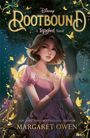 „Rootbound: A Tangled Novel“ von Margaret Owen. Eine Frau in rosa Kleid mit schwebenden gelben Schmetterlingen im Wald.
