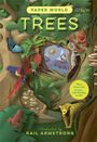 "Paper World Trees" oben. "Take a closer look at trees with 50 flaps to lift!" rechts. Illustrationen von Tieren und Pflanzen.