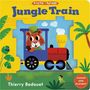 „Jungle Train“ und „Thierry Bedouet“. Illustration: Tiger in Zug, umgeben von Dschungelpflanzen und einem Frosch.