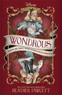 Text: "Wondrous. Things are about to get curiouser & curiouser... Heather Fawcett." Illustration: Frau mit zwei Teetassen.