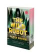 Buchtitel "The Wild Robot" von Peter Brown. Ein Roboter steht inmitten eines Waldes mit Bergen und Bäumen.