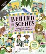 „Behind the Scenes: Discover the World of Animal Care and Conservation“ steht im Zentrum. Illustrationen von Tieren und Menschen.