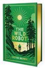 Text: "The Wild Robot, Peter Brown". Illustration: Ein grünes Cover mit Bäumen, Sonne und einem Roboter am Wasser.