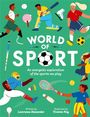 Text: "World of Sport: An energetic exploration of the sports we play." Illustration mit diversen Sportarten und fröhlichen Figuren.