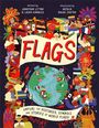 "FLAGS" steht in der Mitte, umgeben von Menschen in traditioneller Kleidung mit Flaggen und einem Globus.