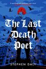 "The Last Death Poet" von Stephen Daly. Eine Figur mit rotem Haar vor einem blauen Hintergrund voller fliegender Krähen.