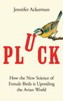 Titel: "PLUCK". Autor: Jennifer Ackerman. Ein Vogel sitzt auf einem Ast und spielt mit dem Buchstaben "U".