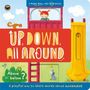 "UP, DOWN, All AROUND. Above or below? A playful way to learn words about movement." Illustration eines Spielplatzes.