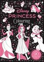"Disney Princess Colouring" in pink. Prinzessinnen in Schwarz-Weiß mit pinken Akzenten, umgeben von kleinen Symbolen.
