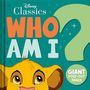 Text: "WHO AM I?" und "GIANT FOLD-OUT PAGES". Illustration eines jungen Löwen mit großen Augen und gelbem Fell.