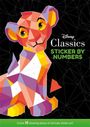 Texte: "Classics STICKER BY NUMBERS", "Create 10 stunning pieces of intricate sticker art!" 
Illustration: Ein bunter Löwenjunges aus geometrischen Formen.