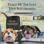 "Teach Me The Love That Is Evergreen" und "Peter Shahrokh". Zwei Hunde mit heraushängenden Zungen im Auto. Illustration.