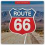 "2027 Calendar", unter dem Zeichen "Route 66". Eine lange, verlassene Straße führt durch eine Wüstenlandschaft mit Bergen.