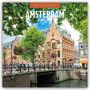Text: "2027 Calendar" und "Amsterdam".  
Sicht auf charmante Architektur an einem Kanal mit Brücke und Fahrrädern.