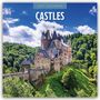 Text: "2027 CALENDAR", "CASTLES". Eine große, alte Burg auf einem grünen Hügel, umgeben von Wald und blauem Himmel.