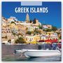 Text: "2027 Calendar", "Greek Islands". Hafenstadt mit bunten Häusern an einem Hügel, klare blaue See, Motorboot im Vordergrund.