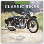 "2027 CALENDAR", "CLASSIC BIKES" oben. Ein klassisches Motorrad auf einem Weg, im Hintergrund grüne Hügel.