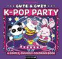 "CUTE & COZY K-POP PARTY" in bunten Lettern, darunter niedliche, tanzende Tiere auf einer Bühne mit Musiksymbolen.
