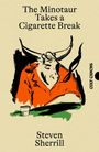 "The Minotaur Takes a Cigarette Break", "Cult Canons", "Steven Sherrill". Illustration eines Minotaurus mit roter Kleidung.