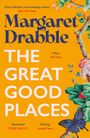 "Margaret Drabble: THE GREAT GOOD PLACES." Goldener Hintergrund, floral verzierter Rahmen, blauer Schmetterling.