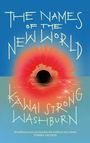 Text: "The Names of the New World - Kawai Strong Washburn. 'Washburn is an extraordinarily brilliant new talent' - Tommy Orange." 

Illustration mit einem rot-schwarzen Sonnenuntergang im Meer auf blauem Hintergrund.