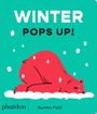 "WINTER POPS UP!" Illustration eines roten Bären im Schnee auf türkisfarbenem Hintergrund. Buch von Aurore Petit.