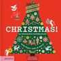 „Celebrate in a Book. Christmas! an interactive holiday book with flaps, tabs & more!“ Ein geschmückter Baum vor rotem Hintergrund.