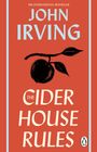 "The Cider House Rules" von John Irving, oben ein Apfelzweig, orange Hintergrund, blau umrandet. Penguin-Logo unten rechts.