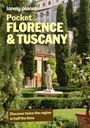 Text: "Pocket FLORENCE & TUSCANY. Discover twice the region in half the time." Garten mit Skulptur, Zypressen und Villa.