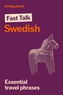 Fast Talk Swedish: Essential travel phrases. Violetter Hintergrund mit Dalapferd-Illustration.