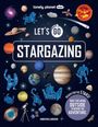 „LET'S GO STARGAZING“ in der Mitte. Darum Planeten, Sterne, Teleskop, Sternbilder auf dunklem Hintergrund.