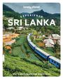 „Experience Sri Lanka“ oben, „Get away from the everyday“ unten. Zug fährt durch grüne Landschaft und Hügel.