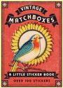 „Vintage Matchboxes“, „A Little Sticker Book“, „Over 100 Stickers“. Vogel vor gelber Blume, roter Hintergrund.
