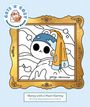 „Bunny with a Pearl Earring“: Illustration eines Hasen mit blauem Tuch und Ohrschmuck, in einem goldenen Rahmen.