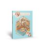 Der Text "Cozy Adventures", "Over 500 Stickers Inside". Illustration eines gemütlichen, häuslichen Raumes in sanften Farben.