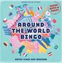 "Around the World Bingo" in großen Buchstaben, umgeben von Wahrzeichen und Flaggen aus verschiedenen Ländern.