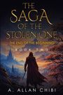 "The Saga of the Stolen One: The End of the Beginning, Book Two. A. Allan Chibi." Illustration zeigt eine verhüllte Gestalt mit Schwert vor einer Burglandschaft im Sonnenuntergang.