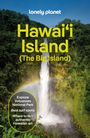 Text: "lonely planet", "Hawai‘i Island (The Big Island)", "Explore Volcanoes National Park", "Best surf spots", "Where to buy authentic Hawaiian art". Ein Wasserfall inmitten üppiger Vegetation.