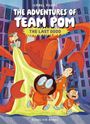 Drei Kinder fliehen vor einem riesigen roten Roboter in einer Stadt. Oben steht "The Adventures of Team Pom: The Last Dodo".
