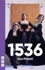 Text: "1536 Ava Pickett". Drei Frauen in historischer Kleidung vor einem goldenen Hintergrund. Links eine lila Leiste mit "NHB".