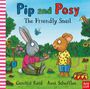 "Pip and Posy: The Friendly Snail" zeigt eine Illustration eines Hasen und einer Maus im Garten mit einer Schnecke.