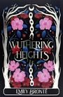 "Wuthering Heights", "Emily Brontë". Verschnörkelte weiße Zweige, rosa und rote Blumen auf schwarzem Hintergrund.